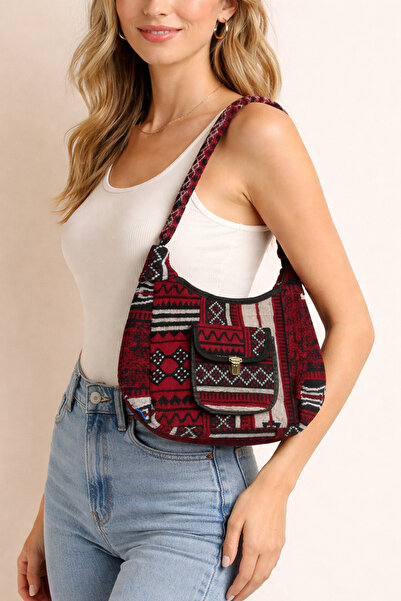 PEKPLUS حقيبة كتف نسائية حمراء منسوجة من الكليم الأصلي ذات الطابع العرقي الأص...