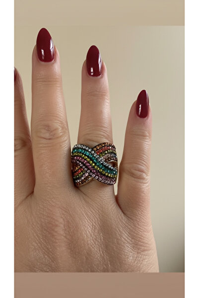 TRENDY Taşlı her parmağa uyumlu lastikli gece cok renkli abiye yüzük
