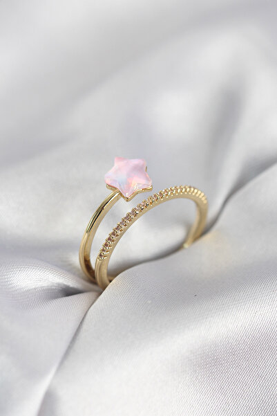 HERŞEYBURDAMODA خاتم نسائي من حجر الزركون باللون الذهبي والوردي موديل هالي