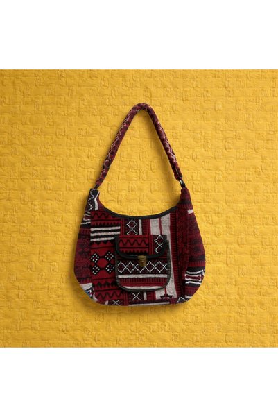 PEKPLUS Women's Red Ethnic-Authentic Original Kilim Woven Shoulder Bag Washable Bag Width 30X 30 cm