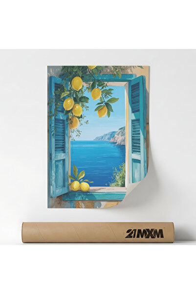 21mxm Posterul „Fereastră turcoaz cu lămâi” Pe Panza Mata – Design minimalist...