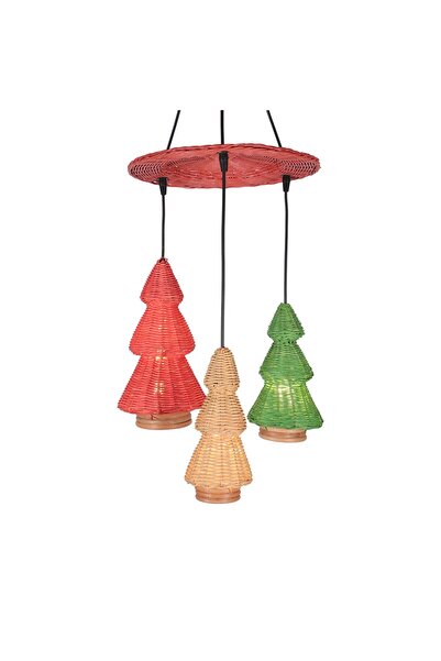 Mylamp Mihra Doğal Rattan 3'lü Çam Ağacı Avize - Renkli Sarkıt 40x90 cm