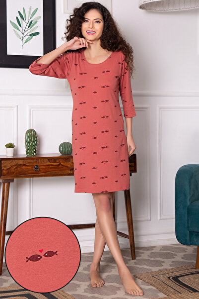 Clovia Fish Print Short Nighty in Terracotta - 100% Cotton