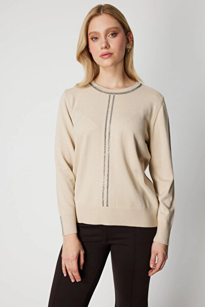 On Fashion Women's Half Sleeve Beige Sweater with Collar and Stones on the Fr...