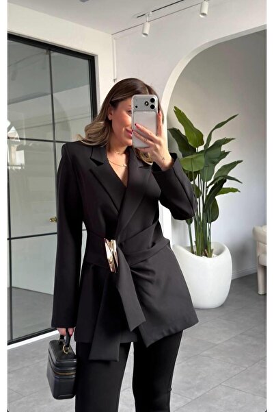 Ecenin Favorileri Side-Tied, Accessory Detailed, Lined Black Women's Jacket