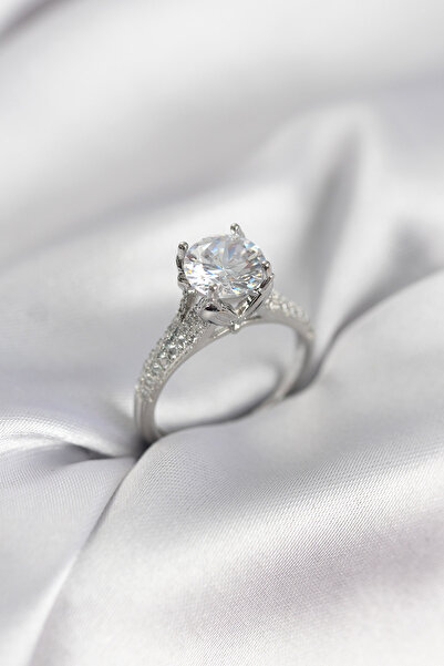 Nehir Silver Color Single Stone Model Zircon Stone Women's Ring Valentine's M...