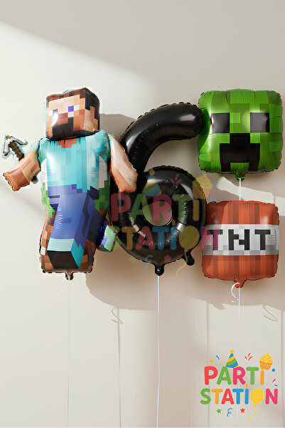 Parti Station Minecraft Temalı 1 Yaş Balon Seti – Steve, Rakam ve Creeper