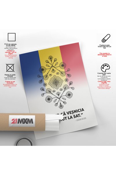 21mxm Poster decorativ, mesaj patriotic romanesc, Vesnicia s-a nascut la sat, Fara Rama