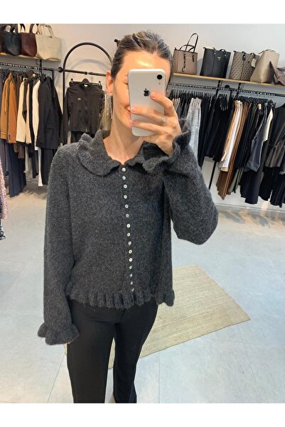 Ecenin Favorileri Gray Women's Cardigan with Flounces on the Sleeves and Skirt