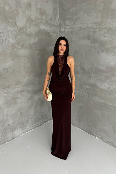 mielva Women's Brown Lace Detailed Draped Backless Long Evening Dress