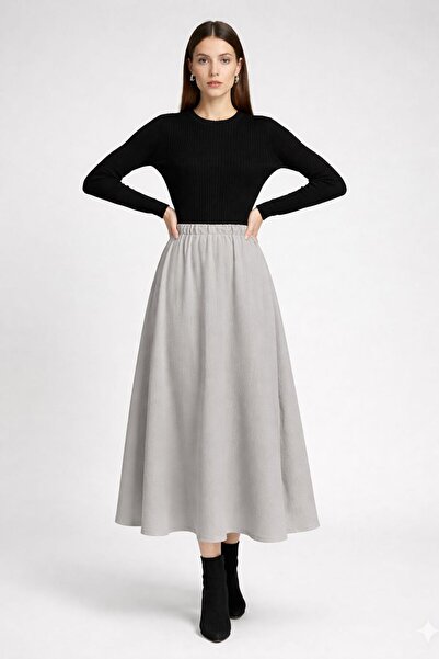 mor butik Women's Gray Flared Flared Maxi Skirt Ekss00