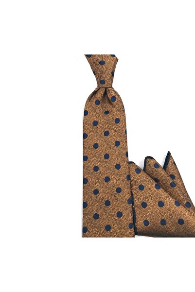 Sade Kravat ربطة عنق منقطة باللون الأزرق الداكن والذهبي الخردلي مع منديل 3374...