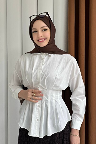 Modaensarbutik Belden Oturtmalı Pileli Gömlek-EKRU