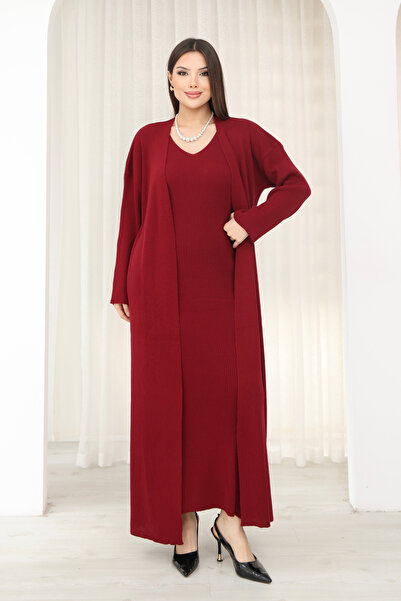 ALCHON V-Neck Thin Straps Ribbed Ankle-Length Dress U Shawl Collar Long Sleev...