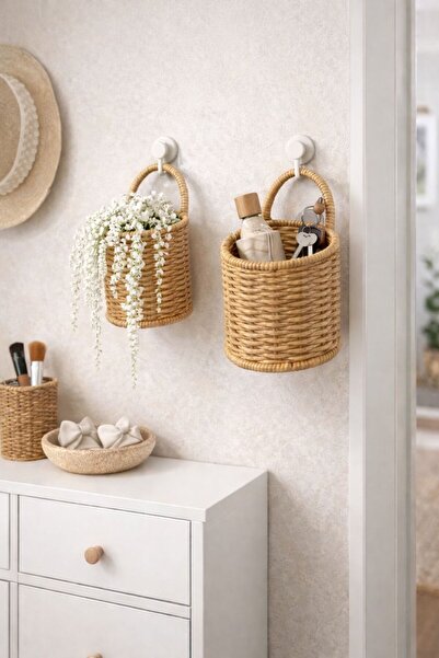 NEWNOW Nest 2-Piece Wall Basket Wicker Organizer Basket Spoon Holder Pen Hold...