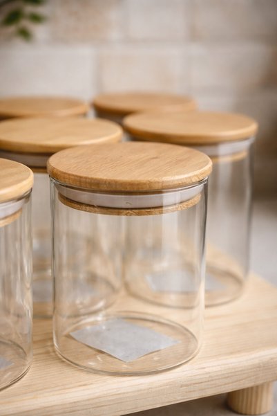 Durina Living 12-Piece 200ml Borosilicate Glass Bamboo Vacuum Lid Spice Jar Set with Stands, 12 Wooden Spoons and 12 Labels