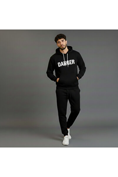 KVİNS Set de trening pentru bărbați, negru, cu imprimeu Danger, cu aspect ove...