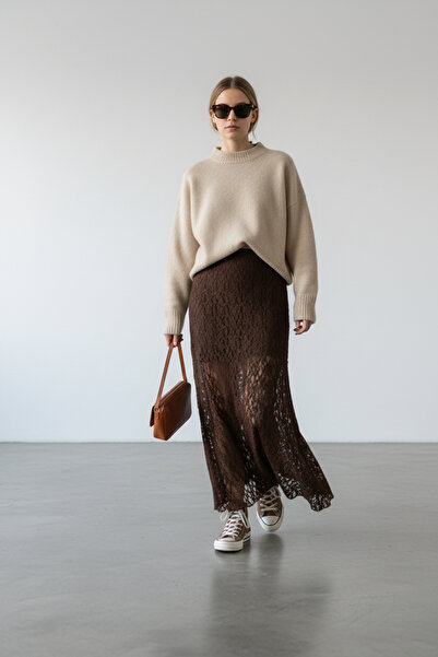 Vireo Club Women's Brown Lace Tulle Lined Maxi Skirt