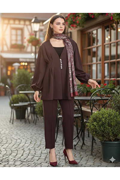 bellura Stoned Buttoned Elastic Sleeve Trouser Suit