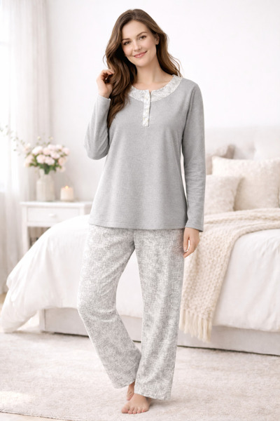 YUYİ Nena %100 Cotton Long Sleeved Plus Size Women's Pajama Set 14626