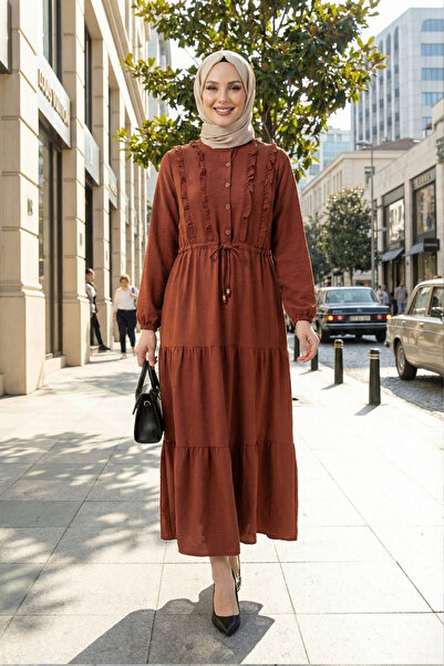 Hb Harma Time Butik Women's Ruffle Detailed Buttoned Linen Brown Dress