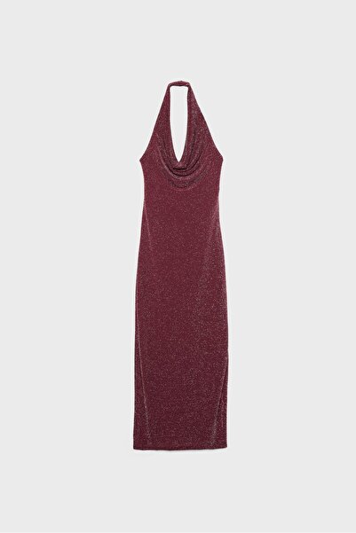 Stradivarius Metallic thread halter midi dress