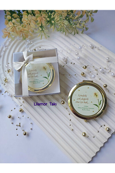Lilamor 1 Adet 8 Mart Dünya Kadınlar Günü Hediyesi Metal Cep Aynası (Gold Renk)