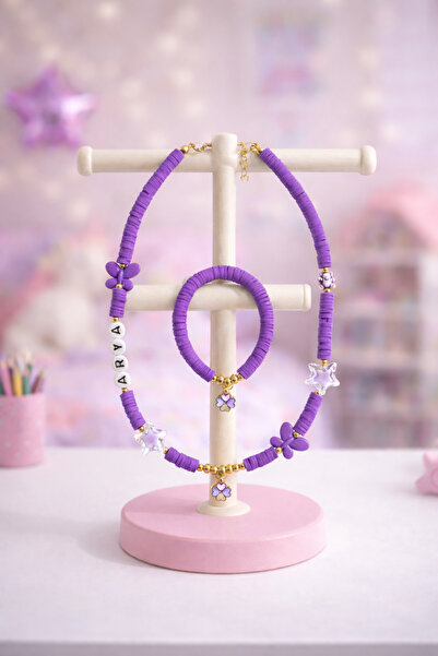 Moonbelle Kişiye Özel İsimli Mor Yıldız & Kelebek Detaylı Kız Çocuk Kolye Bil...