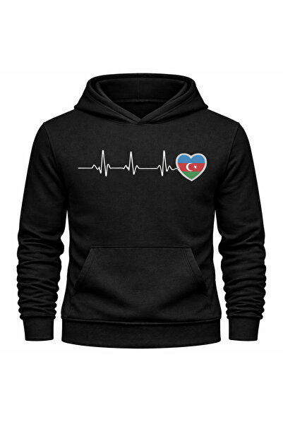 metsawear Azerbaijan Heart Ecg Printed Black Hooded Sweatshirt Slim Fit Premi...