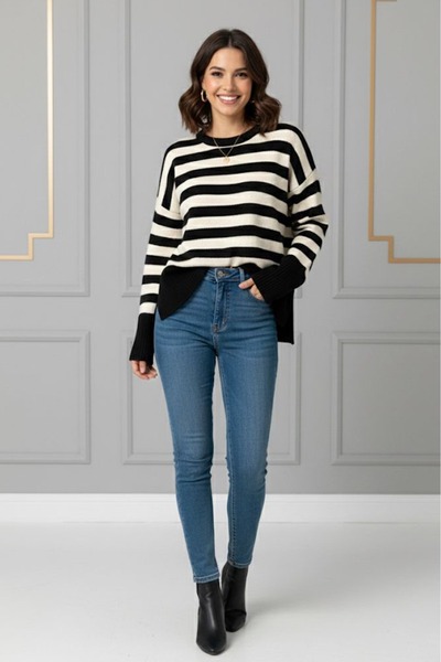 Sea Style Women's Black and White Striped Knit Sweater – Crew Neck, Oversize