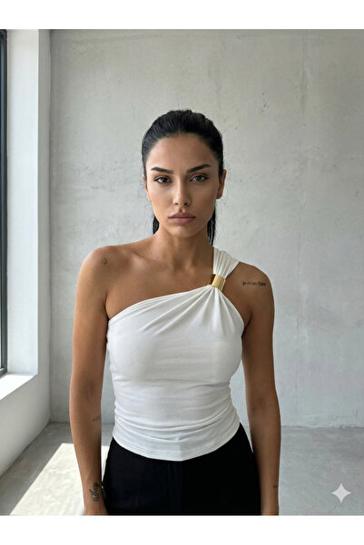 Cuyka Women's One-Shoulder Blouse Asymmetrical Collar Sandy Fabric Stylish Cr...