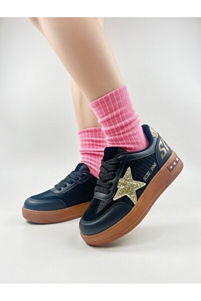 Nstil Pantofi sport cu șireturi pentru fete, cu detalii cu stele argintii, pa...