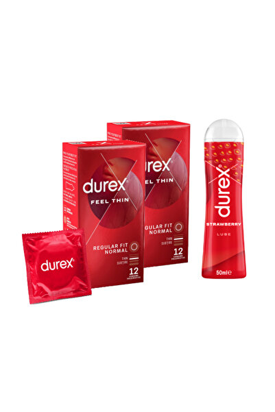 Durex Feel Thin Condoms Package 2x12 pieces + Strawberry Lubricant 50 ml