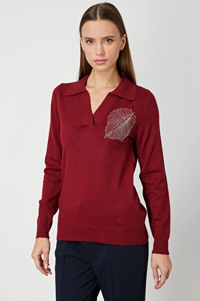 On Fashion Women's Shoulder Leaf Chain Claret Red Sweater 65334
