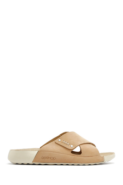 Derimod Women's Beige Strappy Nubuck Leather Comfort Slippers 26Pfd5019V3