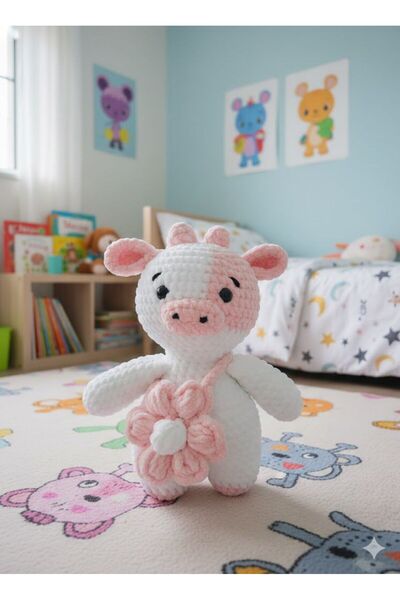 TOMRİSTORE Pinky Amigurumi El Örmesi Yumuşak Peluş İnek Oyuncak 33 cm Beyaz P...