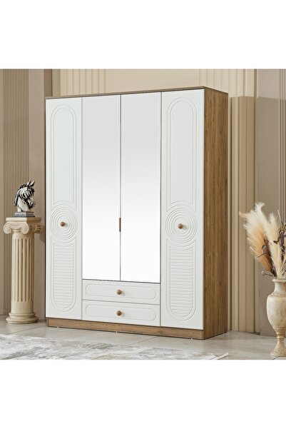 İNDEPPO Bahama 4 Kapaklı 2 Çekmeceli Gardırop Mat Aytaşı-Pera (Mdf Kapaklar)