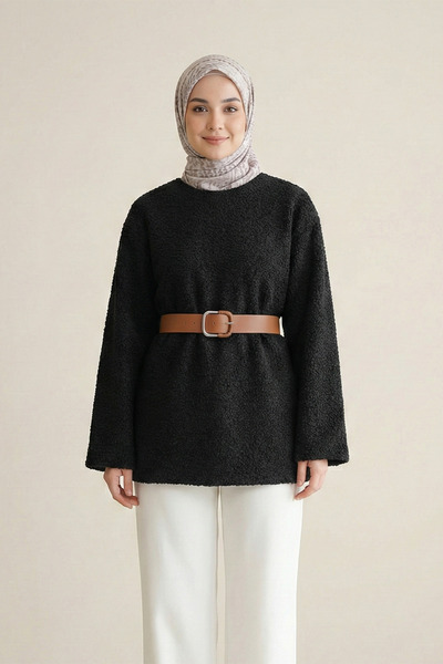 FERHEL Belted Boucle Yarn Knit Sweater - Black