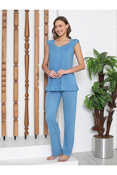 LİMİSSİ imissi ohusa Σετ Πιτζάμες με βολάν και λαιμόκοψη V - Μπλε L / XXL