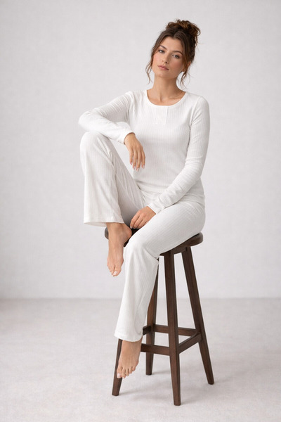 The Nowy Uzun Kollu Pointelle %100 Pamuk Esnek Pijama Takımı