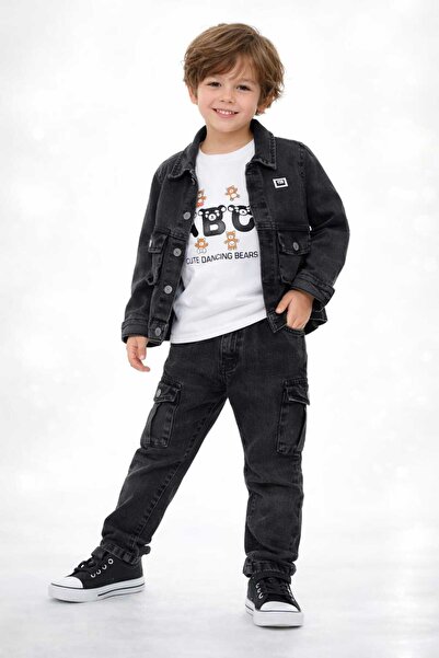 bubiee baby Boy's 3-Piece Set with Smoked Denim Jacket, Teddy Bear Print, Car...