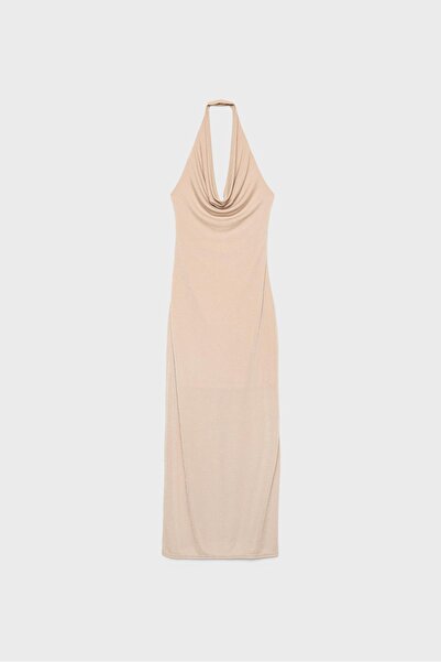 Stradivarius Metallic thread halter midi dress