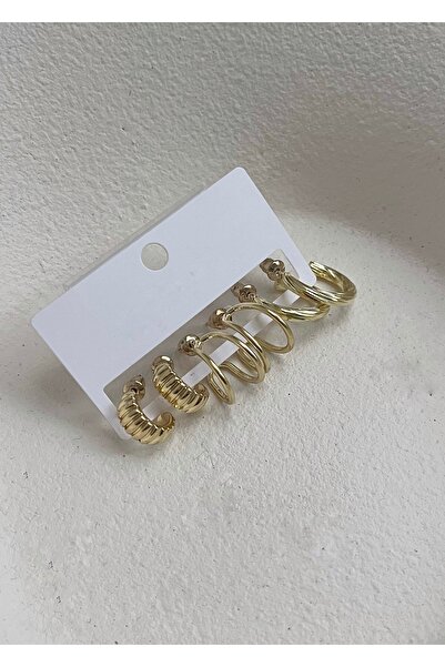 KİLİGİSTANBUL Shaped Gold Color 3-Piece Earring Set