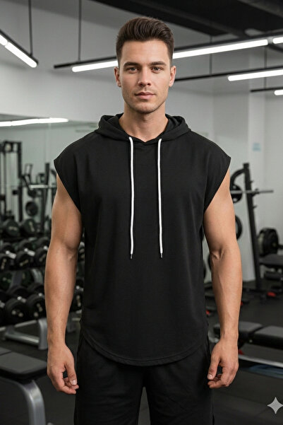 Tarz Cool Ανδρικό μαύρο αμάνικο φανελάκι με κουκούλα σε μεγάλο μέγεθος