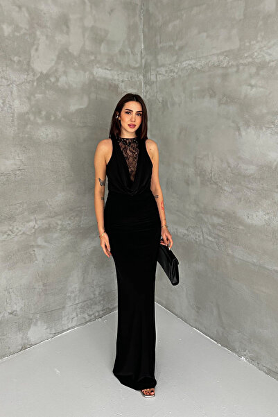 mielva Women's Black Lace Detailed Draped Backless Long Evening Dress