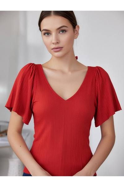 Kutaf Women's V-Neck Fit Blouse – Stylish Casual Knitwear Blouse with Short S...