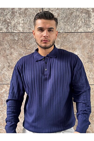 Ribbed Düğmeli lacivert Polo