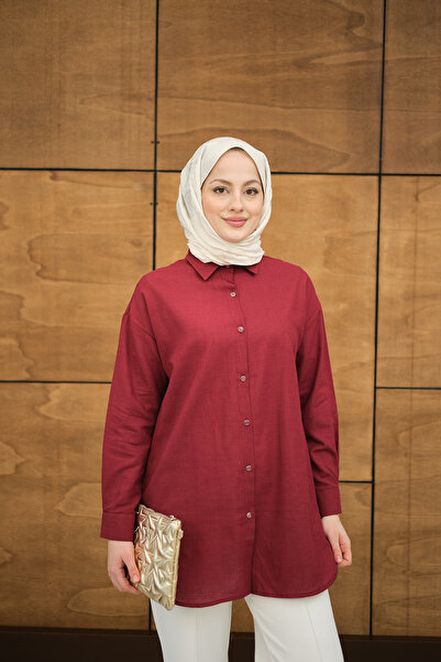 LOCCO Women's Transparent Button Detailed Basic Shirt Burgundy