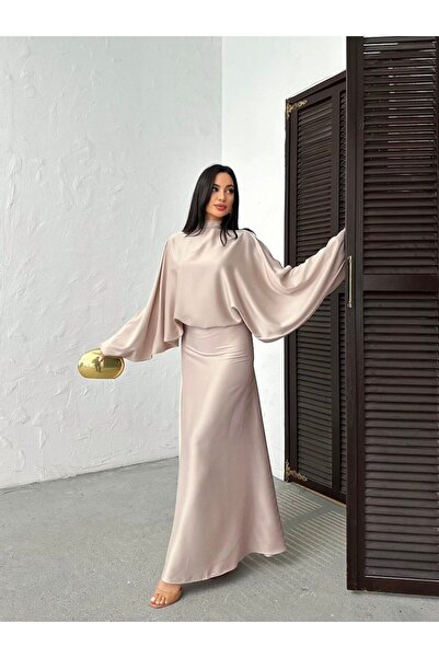 D'RECCY Rochie lungă din satin pentru femei, cu mâneci tip liliac și detalii ...