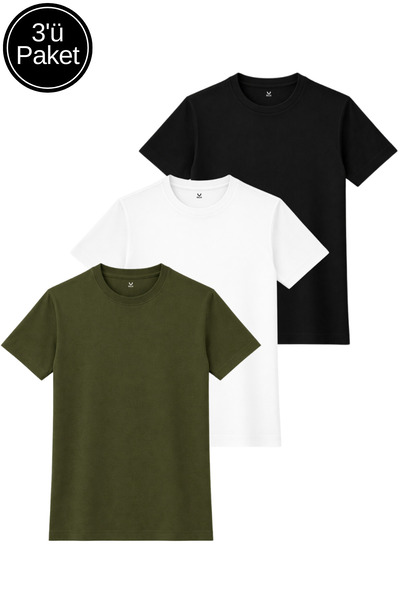 Rich Pachet de 3 tricouri pentru femei, negru-alb-kaki, cu textură moale, int...